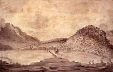 Panoramablick auf Derwentwater und das Tal von Keswick, Detail der Landschaft einschließlich Castle Head, ca. 1772
